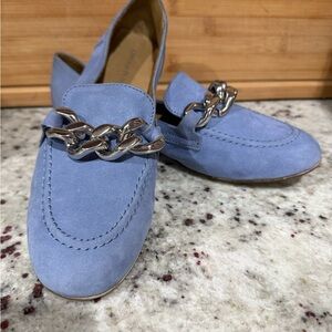 Donald J. Pliner Light Blue Suede Loafers with Silver Chain